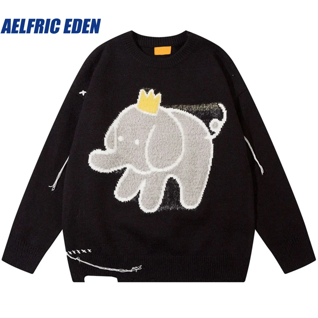 Aelfric Eden Elephant Ripped Sweater 2023 Y2K Harajuku Knitted Funny Kawaii Cartoon Fluffy Fuzzy Jumper Hip Hop Fashion Pullover