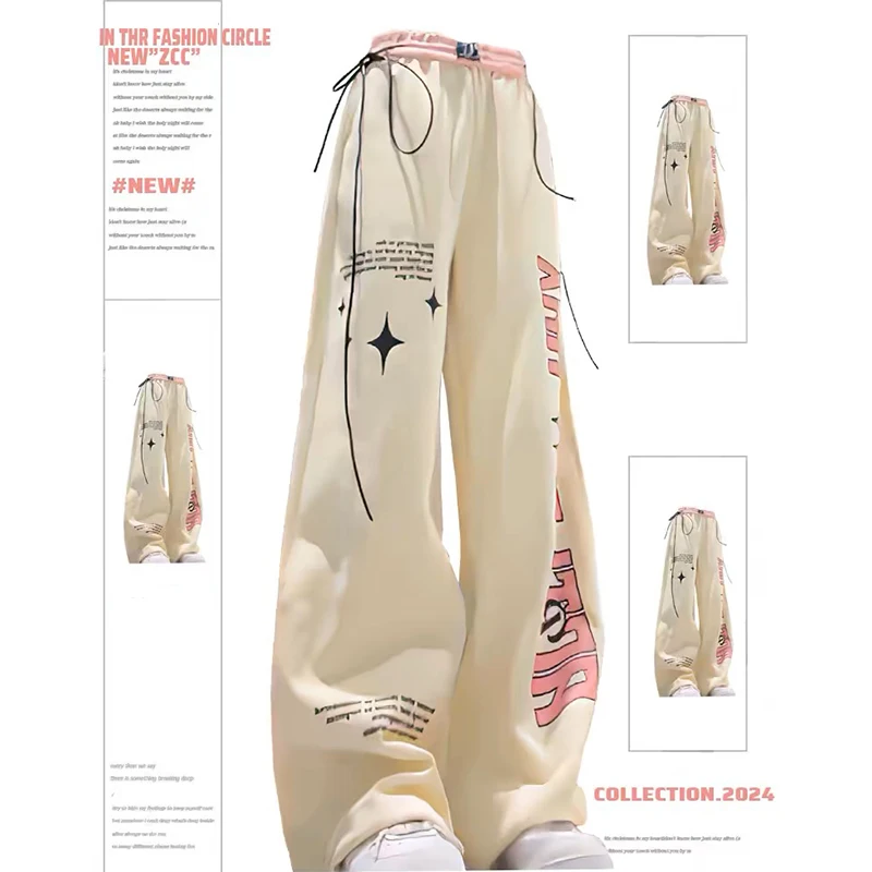 여성 살구 운동복 헐렁한 Y2k streetwear 그래픽 프린트 조깅 바지 빈티지 하라주쿠 와이드 스트레이트 바지 의류 봄