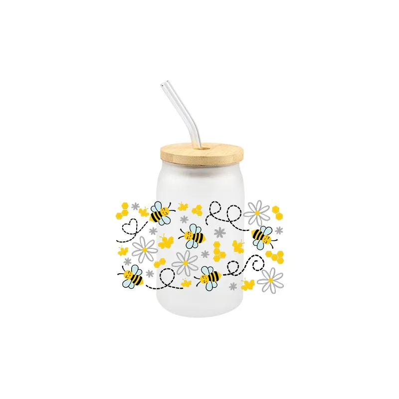 Bees Theme UV DTF Transfer Sticker Cartoon Cute Unique Decals For Wraps Cup Libbey Glass Cup Design Sticker 3D