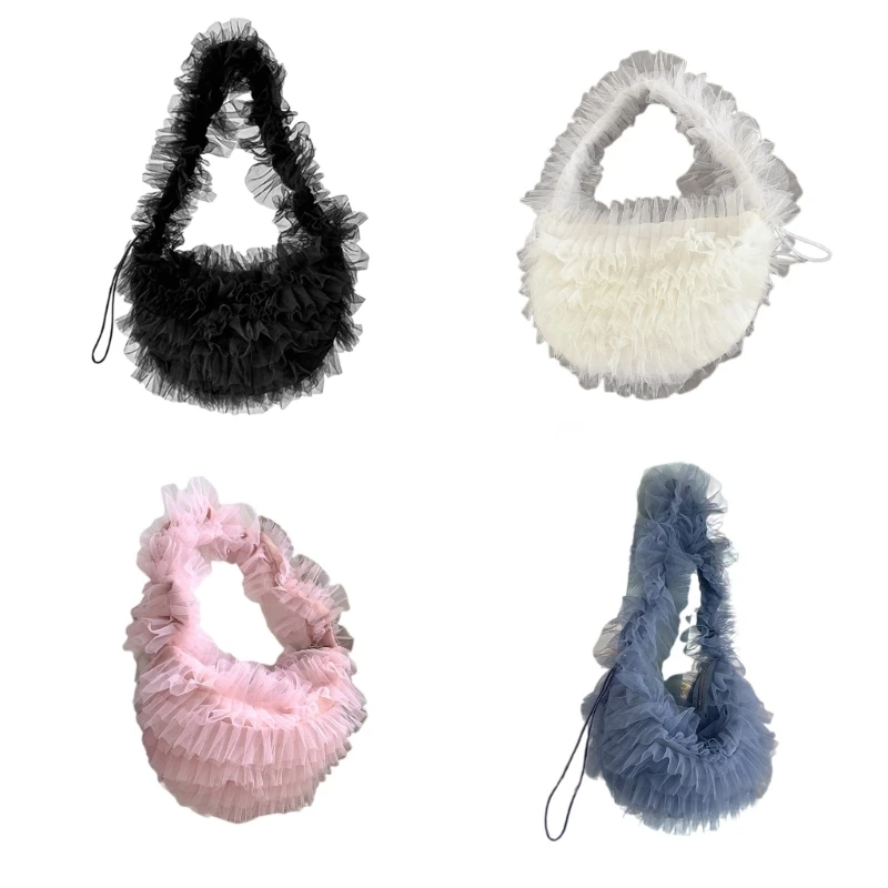 Pleated Ruched Drawstrings Armpit Bag for Women Fashion Layered Ruffle Mesh Solid Color Underarm Bag Shoulder Handbag E74B