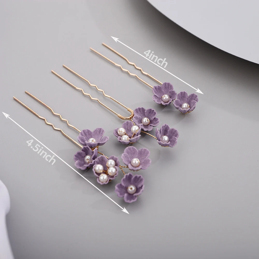 Purple Flower Headdress Set Rhinestones Hair Comb Pins Alloy Leaves Wedding Head Jewelry Bridal Hair Accessories