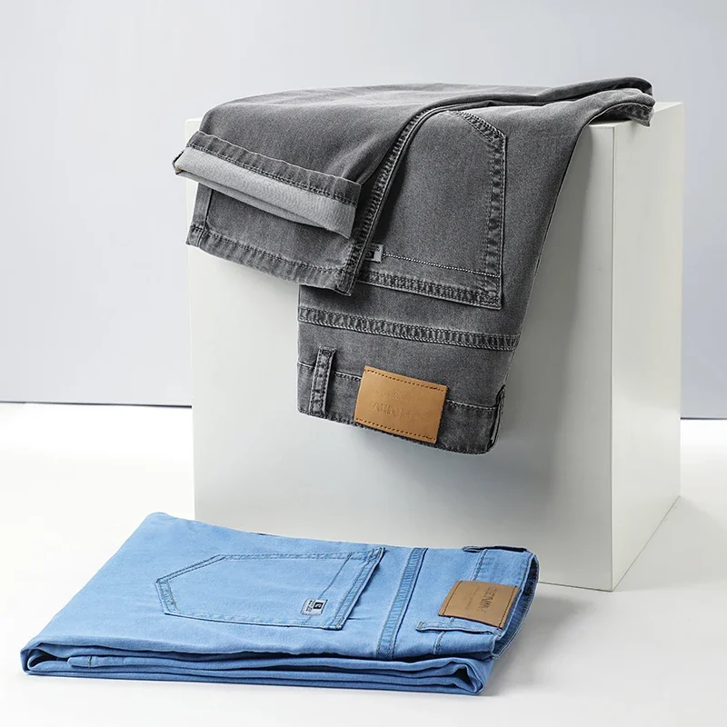 Summer New Men's Thin Light Blue Straight Jeans Business Fashion Lyocell Fabric Stretch Luxury Denim Pants Male Brand Trousers