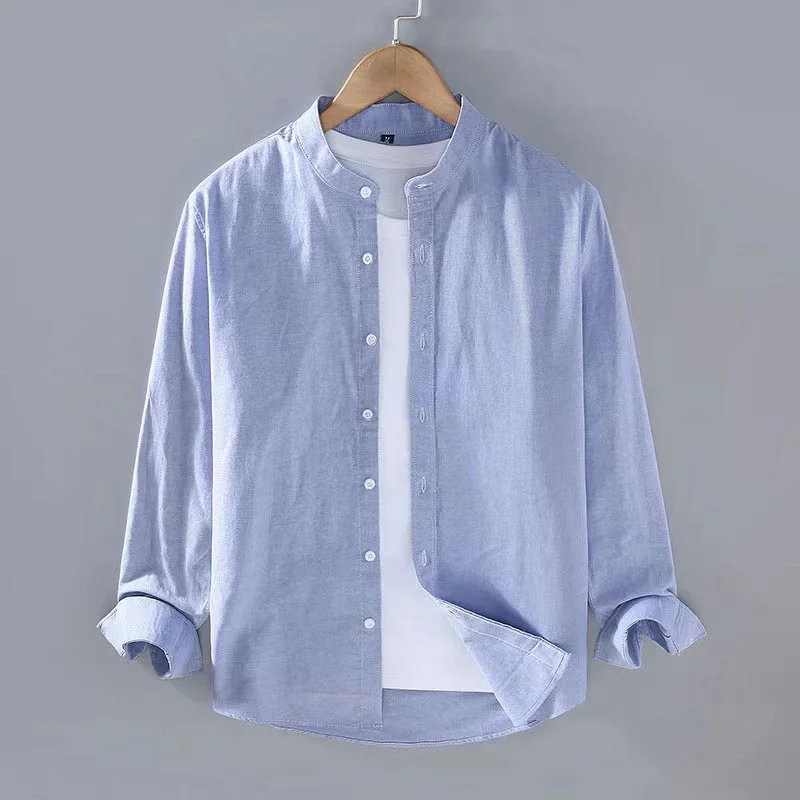 New blue linen long sleeve shirt stand collar long sleeve Henry shirt soft and comfortable summer men's shirt solid color S-3XL