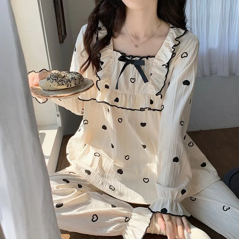 2024 New Pajama Women Autumn Long-sleeved Cotton Loungewear Square Collar Cute Homewear Two-piece Suit Loose Falbala Sleepwear