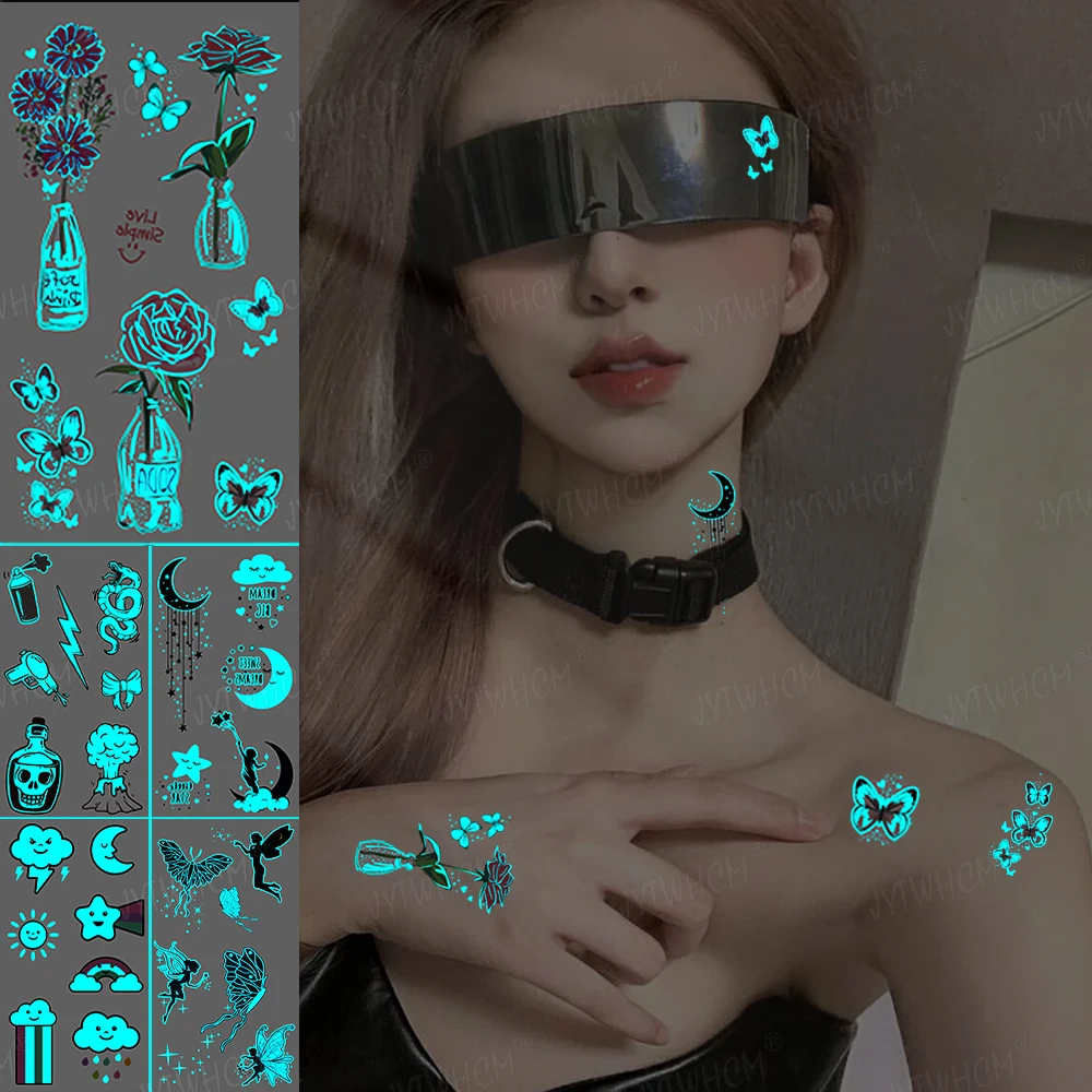 

Blue Luminous Tattoo Stickers Butterfly Waterproof Flower Temporary Tattoo Wrist Neck Fake Tattoo Flash Body Art Women Men Tatto