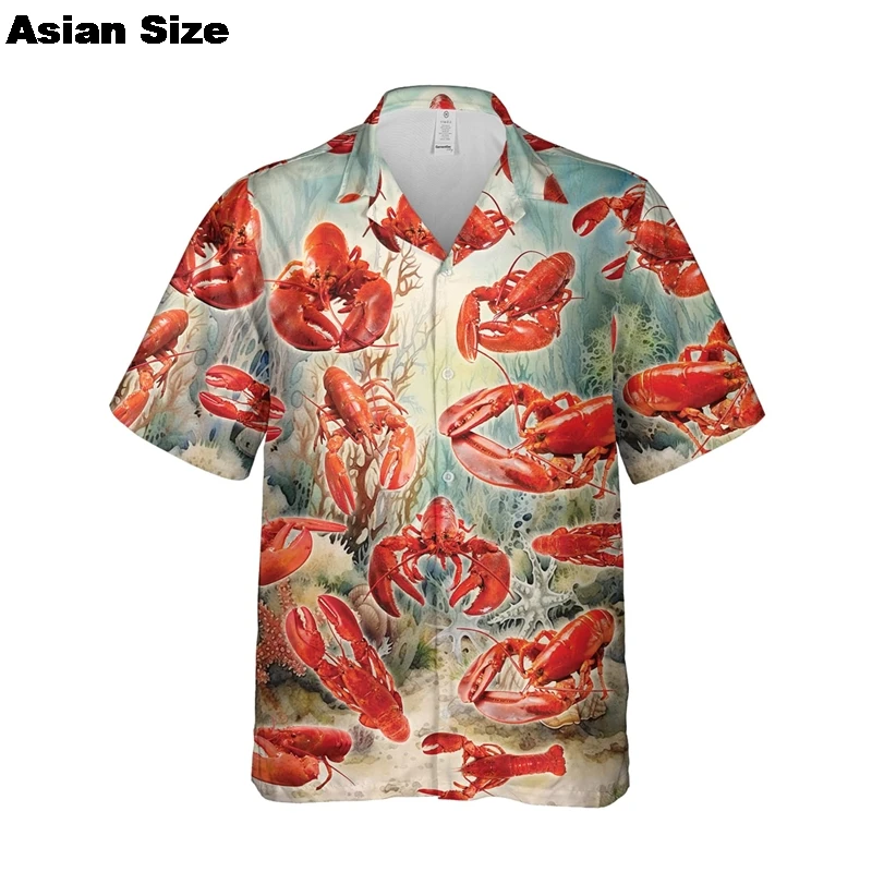 Funny Steamed Lobster Graphic Shirts For Men Clothes Summer Hawaiian Beach Shirt Delicious Seafood Button Down Shirt Man