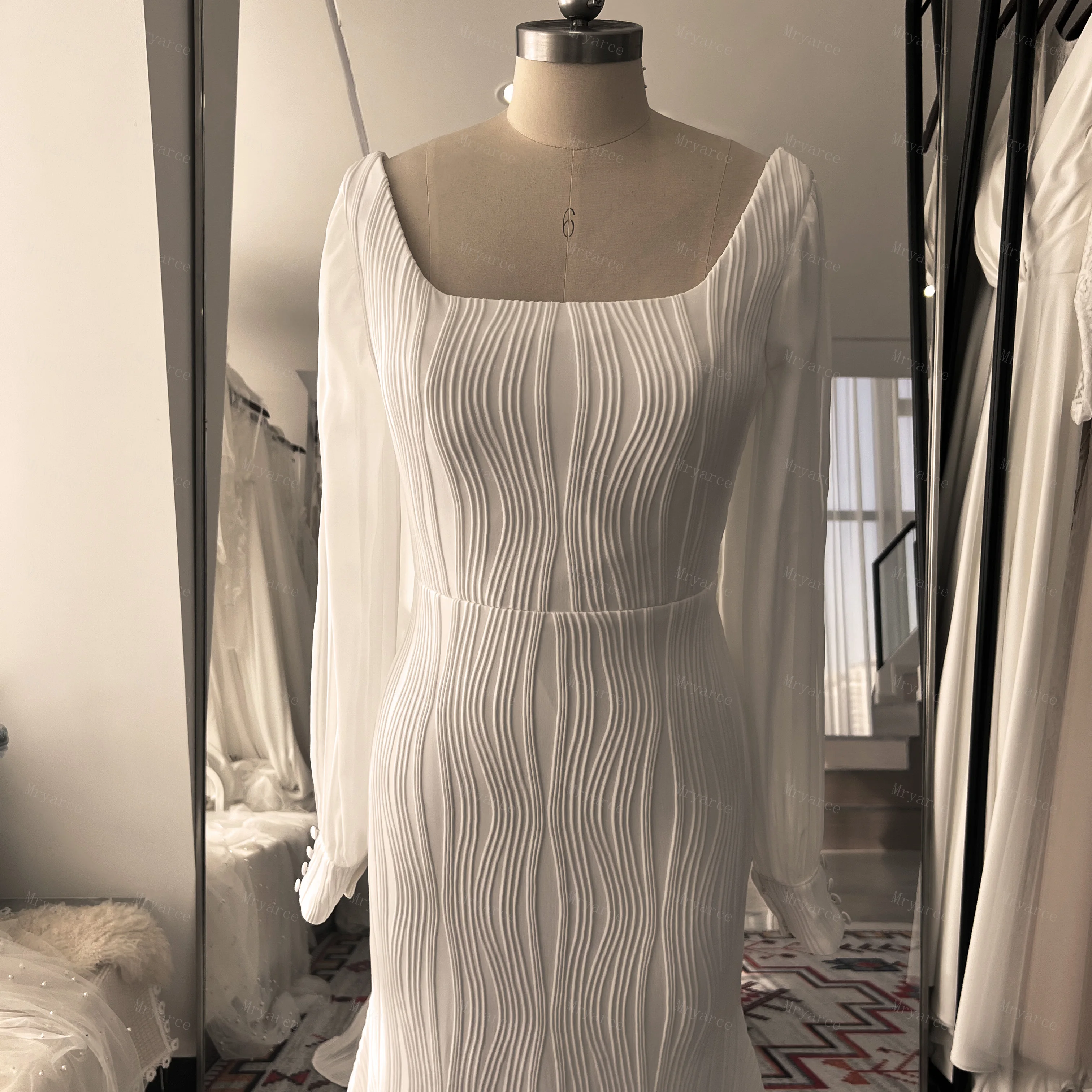 Mryarce Stretch-Textur Plissiertes Brautkleid mit Quadratischem Ausschnitt Transparente Bischofärmel Elegante Hochzeitskleider – Detail 8