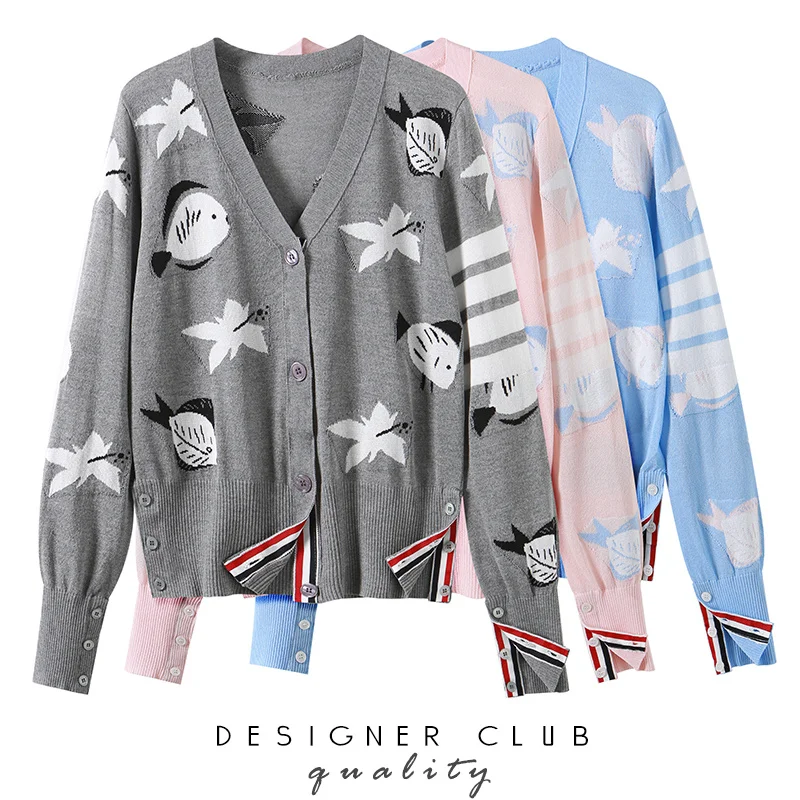 

tb ice silk knitted short top women's summer thin butterfly fish jacquard casual all-match sweater coat
