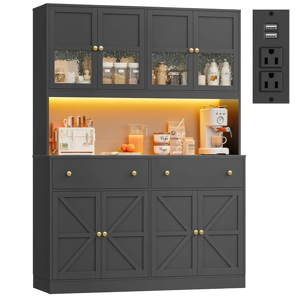 71" Pantry Cabinet with LED Light and Charging Station, Farmhouse Kitchen Pantry Cabinet with Microwave Stand, Customized 6