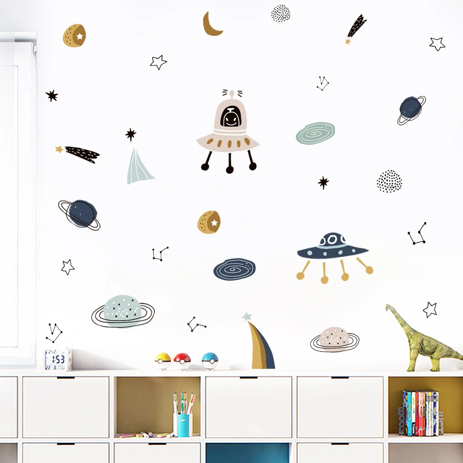 Cartoon Ufo Aliens Planet Pattern Watercolor Kids Wall Sticker Vinyl Nursery Art Decals for Babys Boys Room Playroom Home Decor
