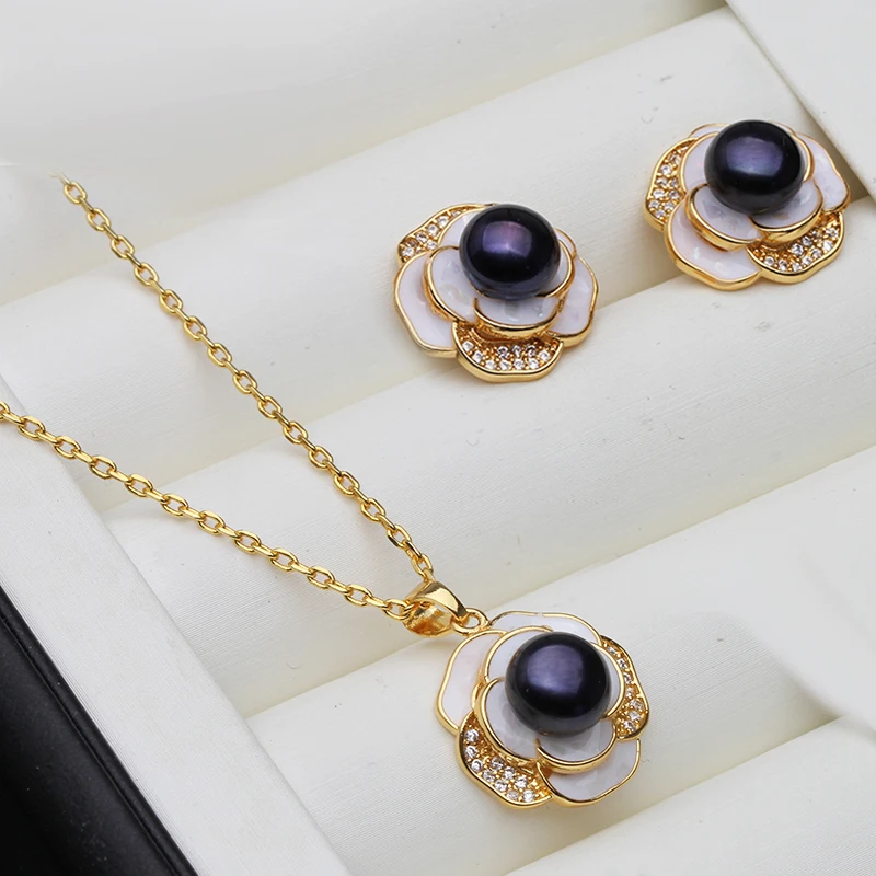 Real Natural Pearl Necklace And Earrings Set For Women,Cute Freshwater Pearl Set Engagement For Customers White Black