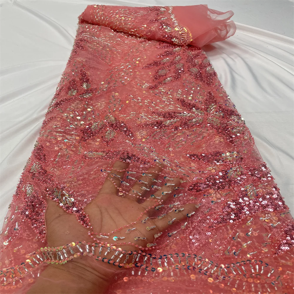 

African Beaded Tulle Lace Fabric 2023 High Quality Lace Material French Nigerian Sequin Groom Lace Fabric For Wedding Sewing
