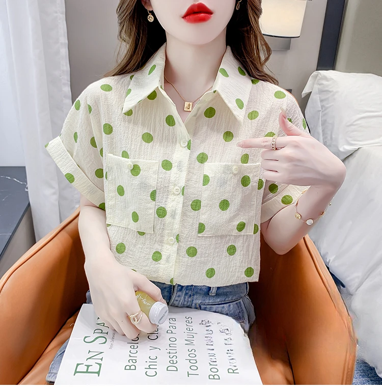 

2024 Women Summer New French Polka-dot Chiffon Shirt Female Short-sleeved Casual Blouses Ladies Loose Buttons Shirts L179