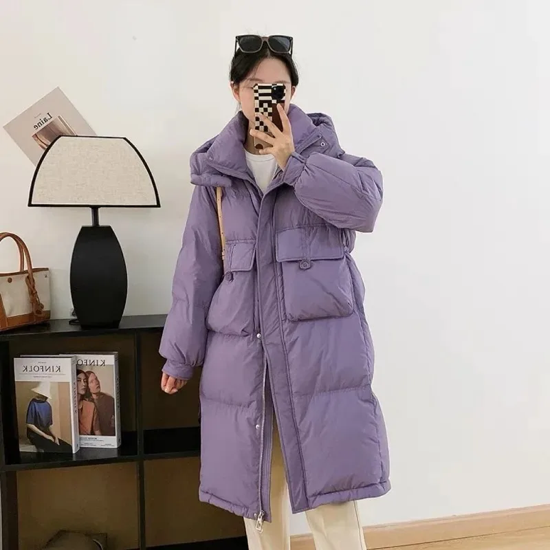 2023 New Women Down Jacket Winter Coat Female Mid Length Version Parkas Loose Warm Thick Outwear Hooded Solid Color Overcoat