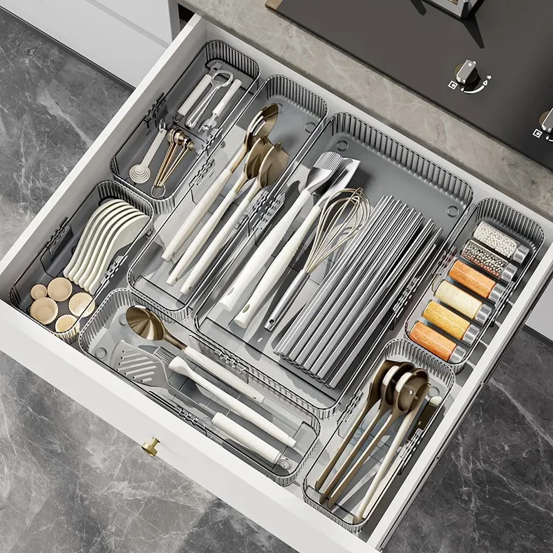 Retractable Kitchen Storage Container Drawer Storage Box Expandable with Partitions Knives Forks Cutlery Box for Kitchen