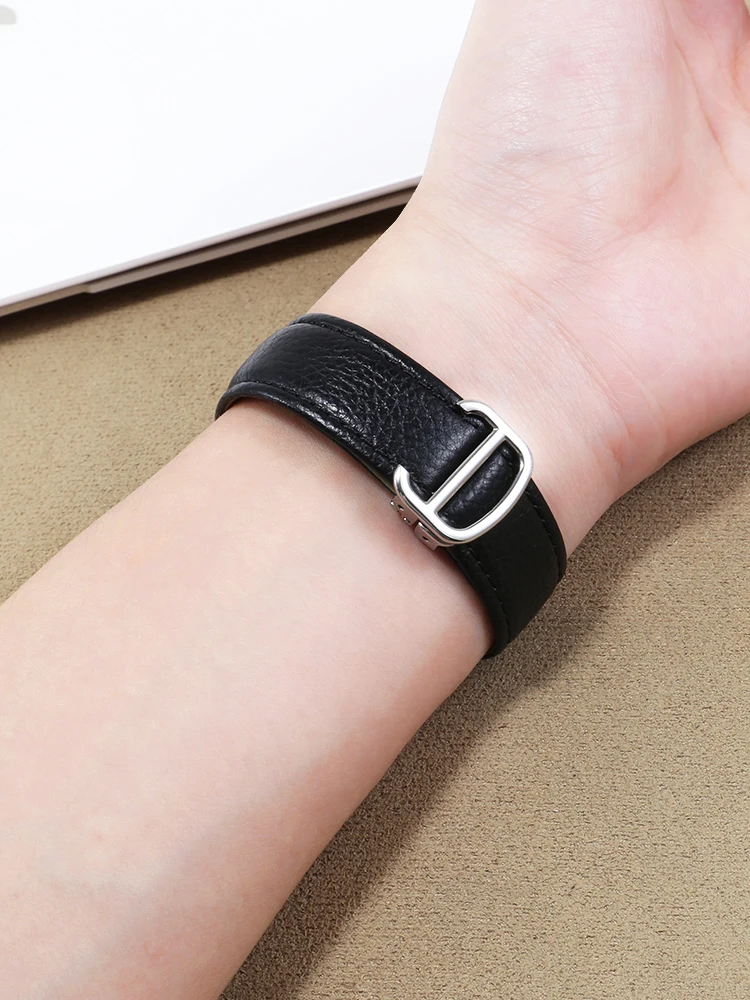 Lychee Pattern Leather Watch Strap - Premium Square Bracelet Design