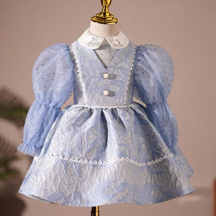 

2023 New Children's Princess Evening Gown Lace Button Design Birthday Baptism Party Easter Eid Dresses For Girls