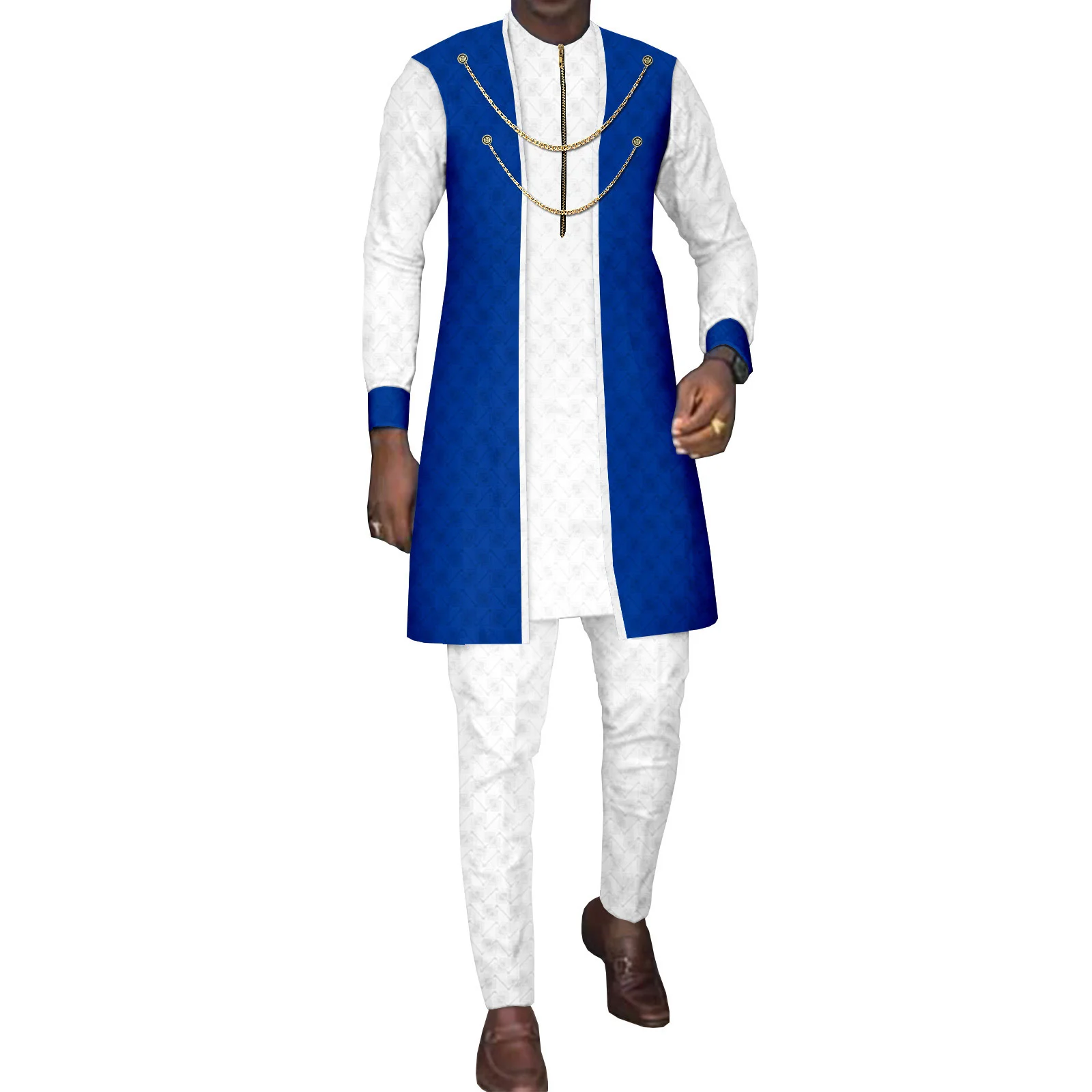 

Африканская одежда для мужчин с двумя цепочками, на молнии, куртка, рубашки, брюки, комплект из 3 предметов, Дашики, наряды для женской свадебной моды, базин богатый