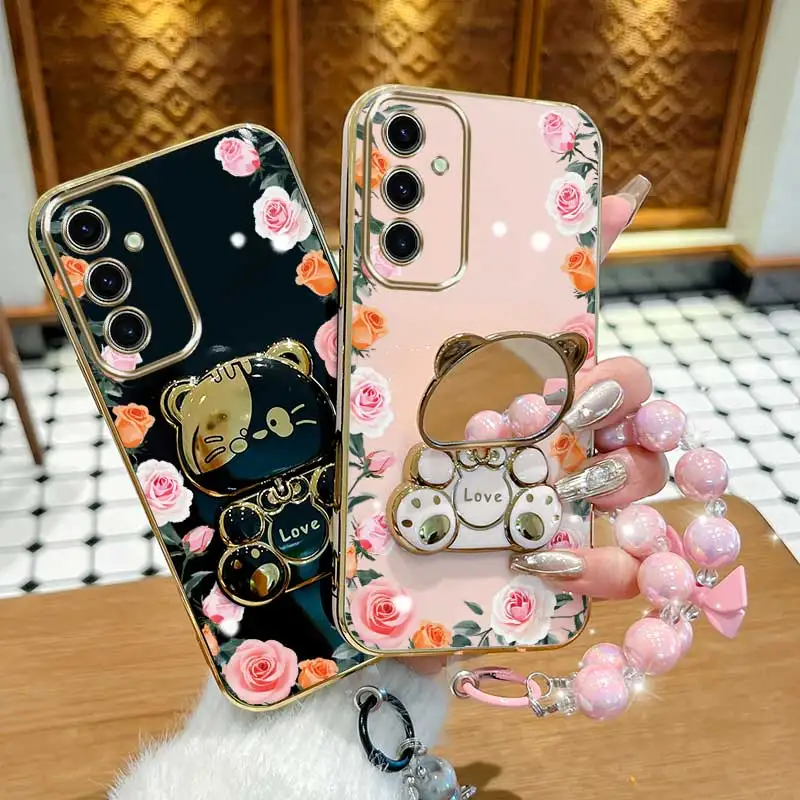 3-Piece Set: Gradient Rose Leaf Phone Case with Lanyard and Stand