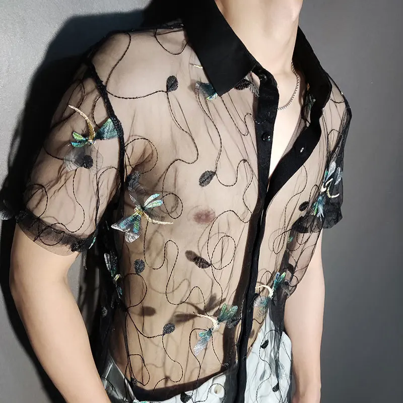 

Three-dimensional Dragonfly Embroidery Shirt Trendy Transparent Sexy Shirt Men Short Sleeve Clothing See Through Social Club