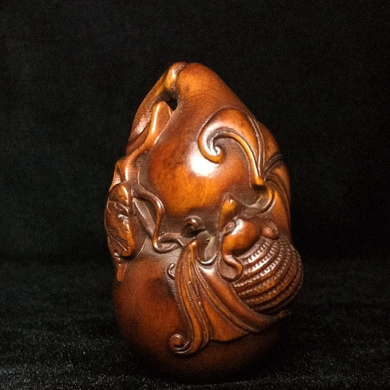 

YIZHU CULTUER ART H 2.8 in Old Chinese boxwood Hand carved auspicious bat Lagenaria gourd family Fengshui pendan decoration Gift