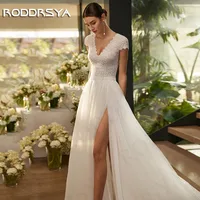 RODDRSYA Lace Short Sleeves Wedding Dress 2024 Bride robes de mariée Bohemian Tulle Split Bridal Dresses V Neck Beach A Line 1