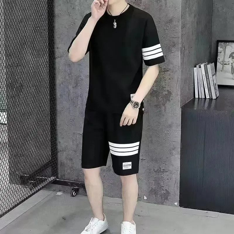 Men's Ice Silk Stripes Casual Short Sleeve Trousers Suit