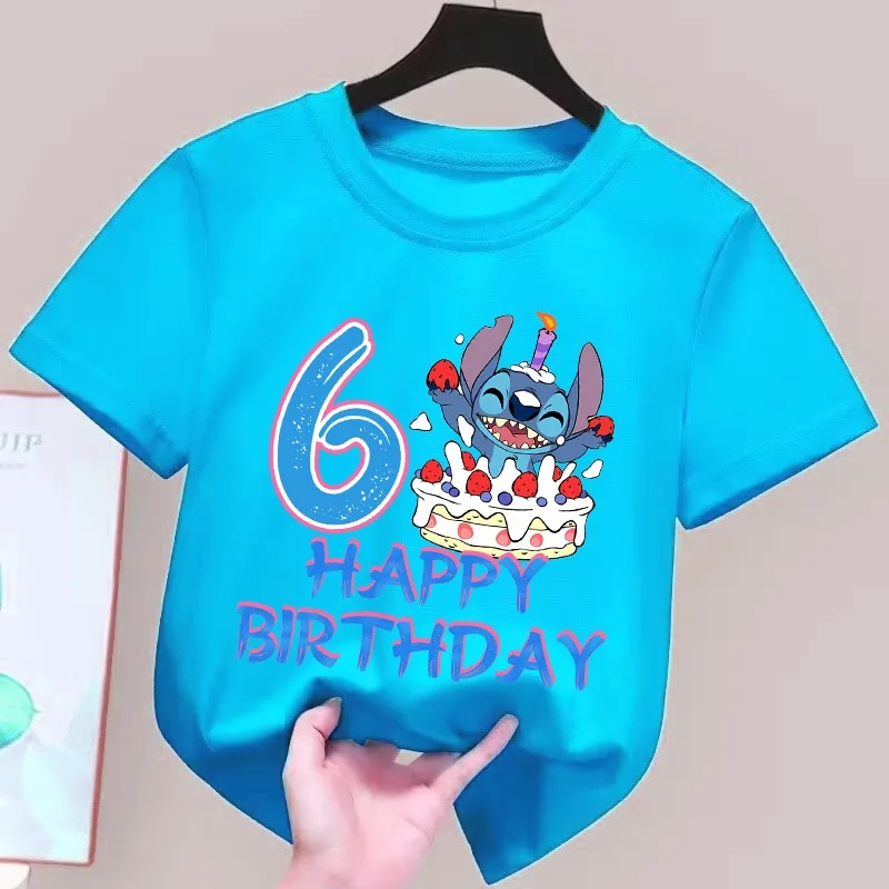 Футболка детская голубая со стежками, повседневный топ с коротким рукавом для маленьких детей, с рисунком Диснея, для мальчиков и девочек, подарок на день рождения, номер 1-10
