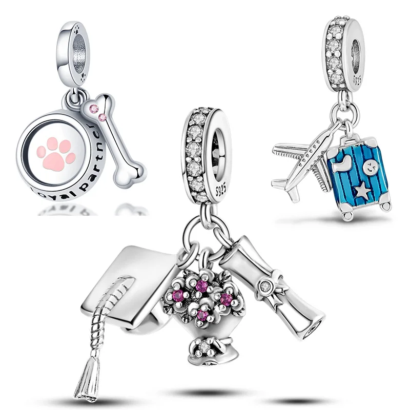 

plata de ley 925 Graduation Cap With Flowers Charm Beads Fit Original Pandora Bracelet Silver Jewelry Gift Support Customization