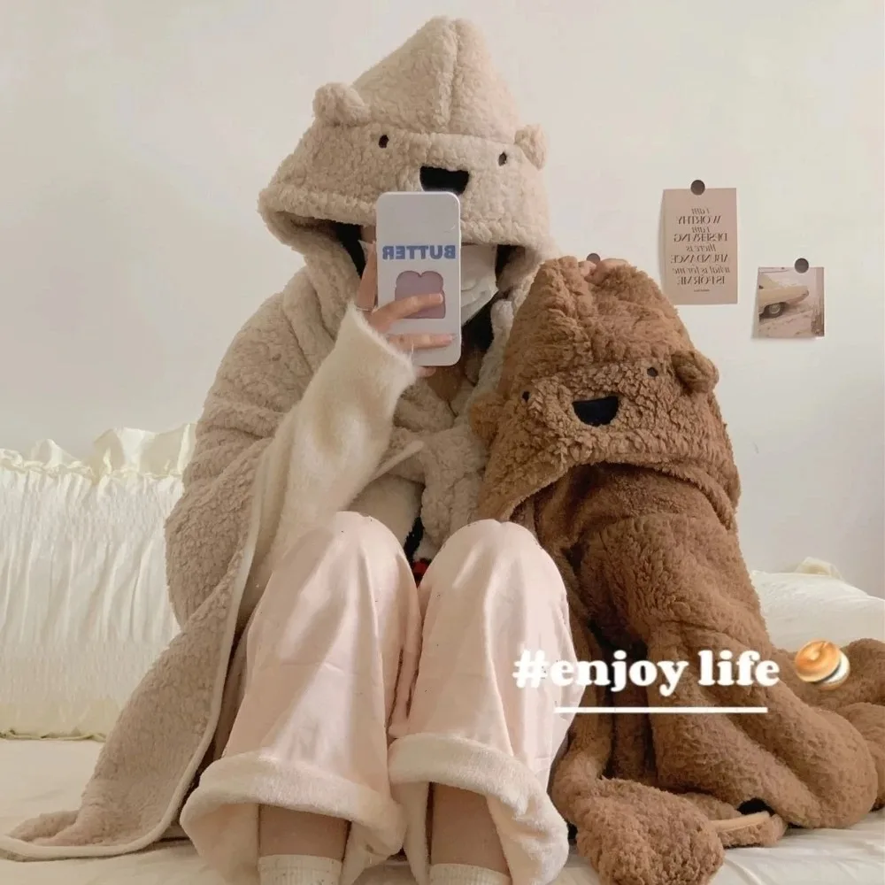 Ins Style Kawaii Bear Hooded Blanket Fleece Material Keep Warm Blanket Shawl Throw Blanket Soft Wearable Blanket Bedroom Use
