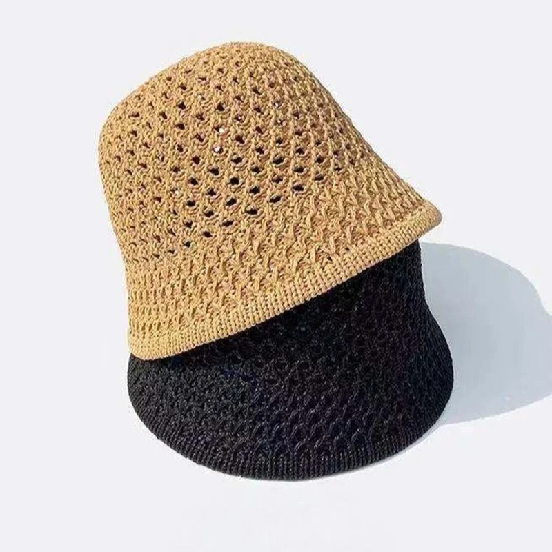Outdoor Hiking Hat Bucket Hat Spring Summer Hollow Knitted Hat Solid Color Sunhat Fisherman Caps Casual Foldable Beach Cap