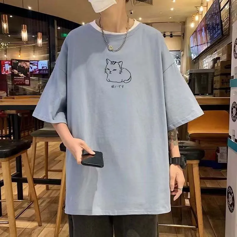 

Cotton Hong Kong Style Summer New Men's Short Sleeve T-shirt Men's Korean Version Loose Couple Student Undershirt Men's Trend