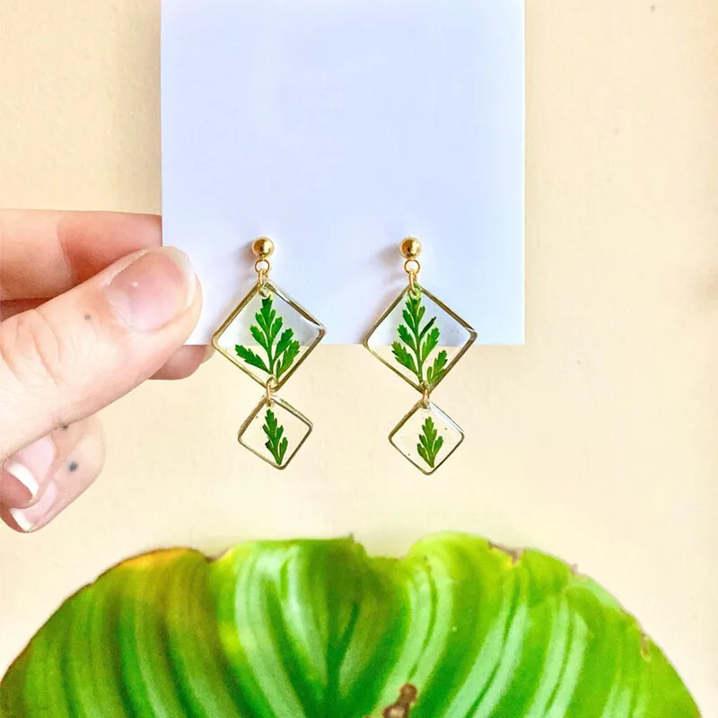 greenPreservedFernRhombusSmallEarringsSuncatcherResinEarrings