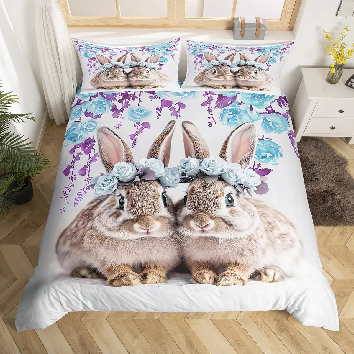 Easter Rose Rabbit Duvet Cover Cute Bunny Happy Easter Bedding Set Full for Kids Boys Girls,Rustic Flower Animal Comforter Cover 6