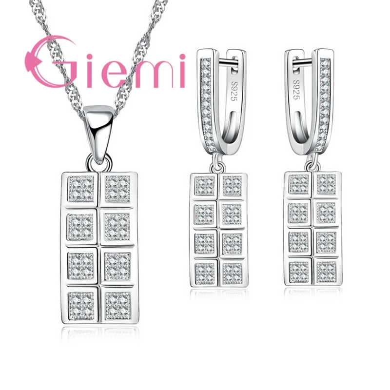 Rectangle Crystal Jewelry Sets Top Grade 925 Sterling Silver Metal Necklace Pendant Earrings Party Bijoux