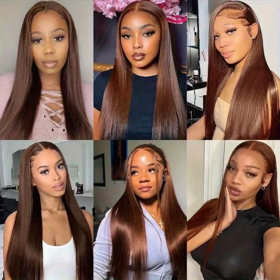 250 Density Straight Lace Front Wig Chocolate Brown Human Hair Wigs 13X6 Hd Lace Frontal Wig Pre plucked Colored Brazilian Hair 4
