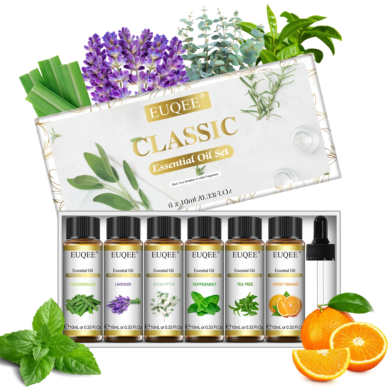 EUQEE 6-teiliges ätherisches Öl-Set (Lavendel-Eukalyptus-Pfefferminz-Teebaum, süßes Orangen-Zitronengras) – reine natürliche Aromatherapie-Öle