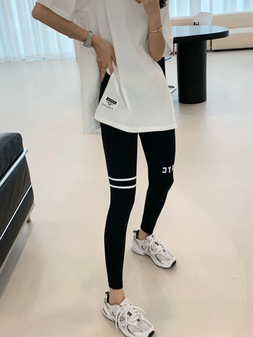 Slimming Effect High Waist Elastic Letter Pattern Double Stripe Tight Fit Base Layer Pants Autumn New Arrival Dongda Gate