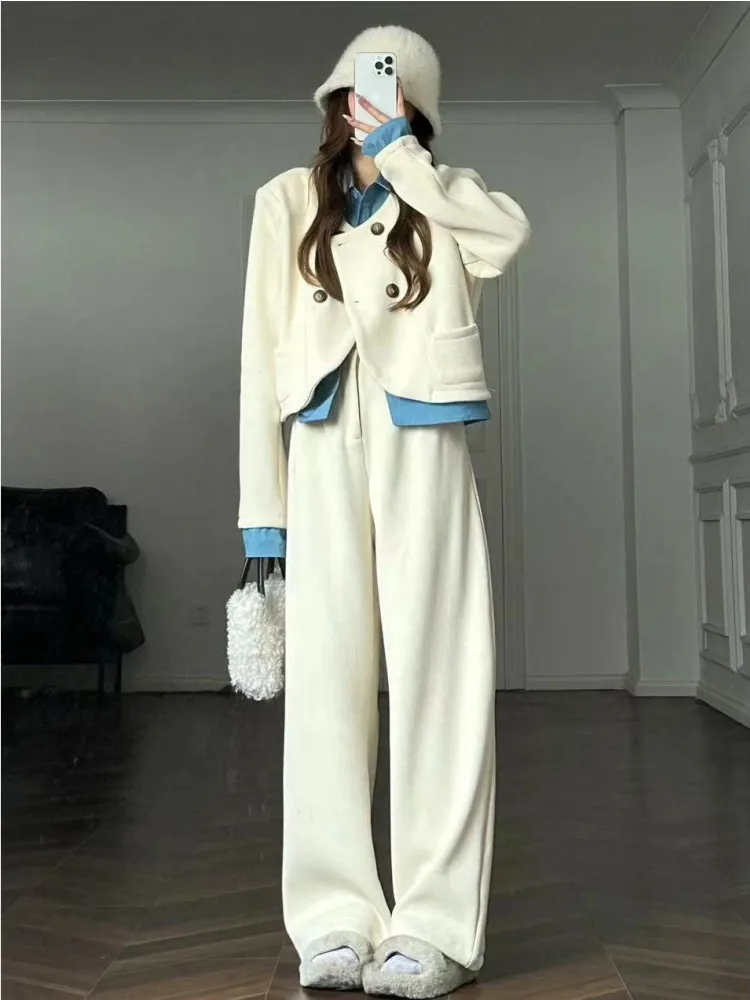 Fake Two Piece Set for Women's Spring New Pit Stripe Design Sense Spliced Top Wide Leg Pants Temperament Fashion Two Piece Set