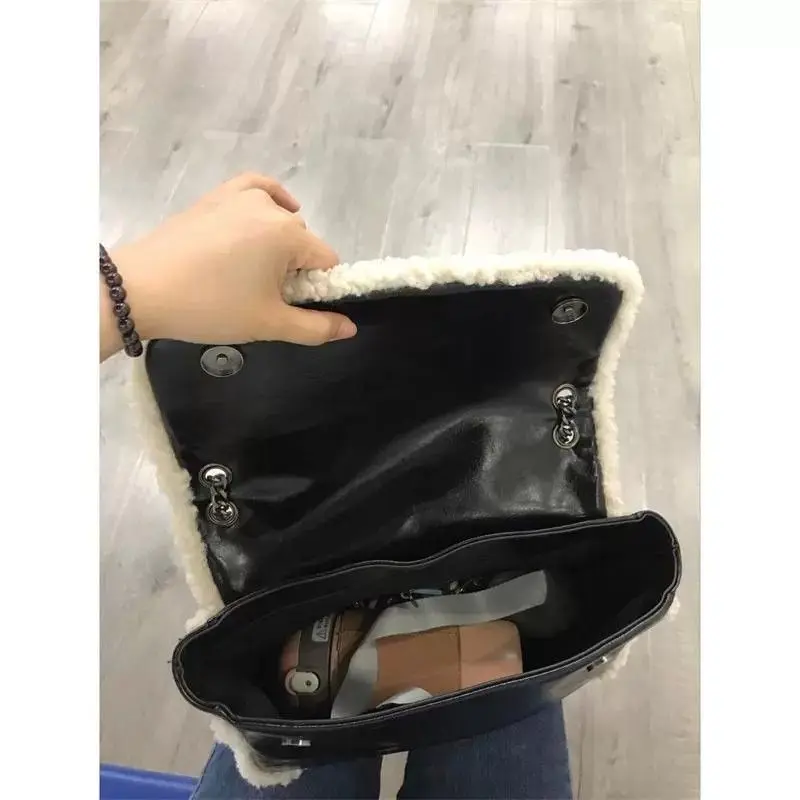 JIAERDI Retro Cute Faux Lambswool Handbag Women Patchwork Leather Large Capacity Shoulder Bag Ladies Chain Commute Crossbody Bag