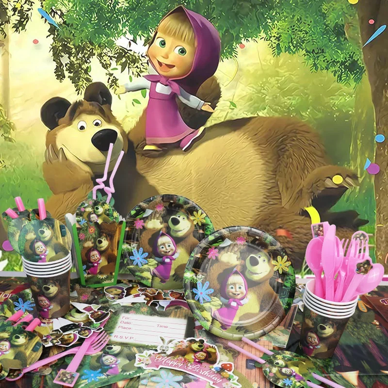 Mashas and Bear Birthday Party Decoration Cartoon Theme Balloons Kids Event Supplies Disposable Tableware Backdrop