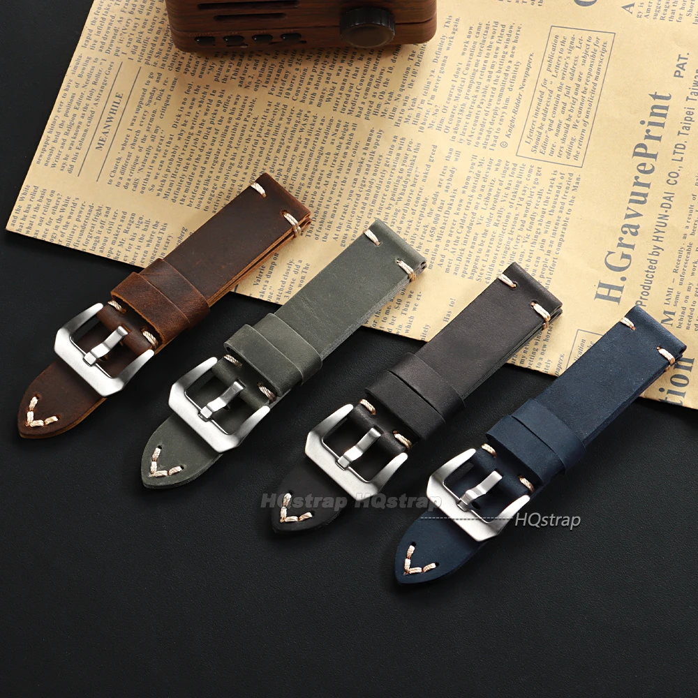 Vintage Crazy Horse Leather Handmade Watch Band with Stitching Details
