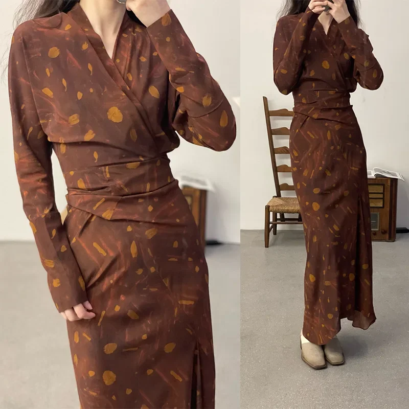 

2023 Spring and Summer New Tie-up V-neck Printed Women Silk Long Dress