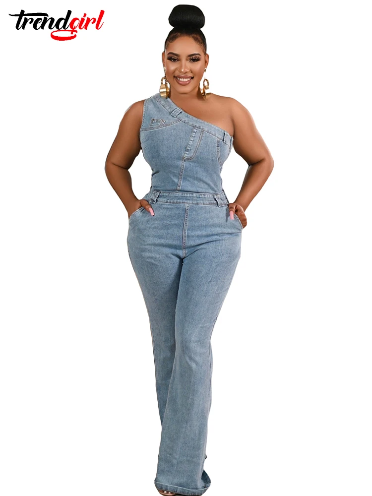 Trendgirl Women Sexy One Pieces Denim Overalls One Shoulder Sleeveless Stretch Jean Jumpsuits Flared Pants Birthday Party Romper