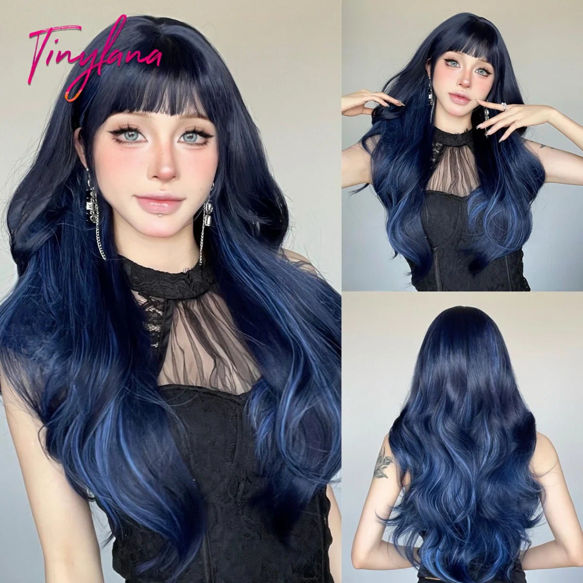 Long Black Blue Wavy Synthetic Wigs with Bangs for Women Natural