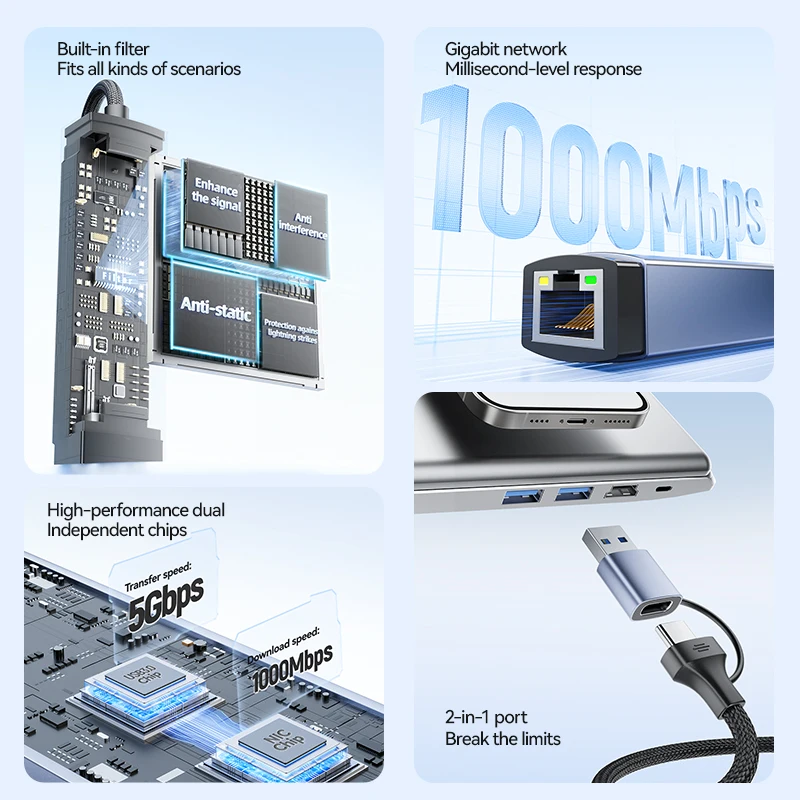 USB/USB-C 1000Mbps 이더넷 랜 어댑터 USB3.0 허브 RJ45 기가비트 네트워크 카드 3포트 USB3.0 허브 도킹 스테이션 PC용