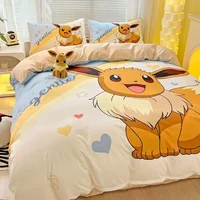 Ensemble de 4 pièces série Pokémon Dragon Eevee, ensemble de 3 pièces de dessin animé pour enfants, housse de couette, taie d'oreiller et drap, 100% coton 4