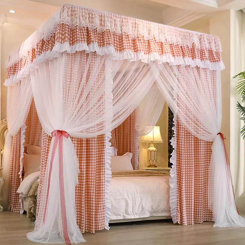 new-pink-plaid-shading-bed-manto-princesa-quarto-dupla-camada-mosquito-net-sem-suporte-quatro-portas-Unico-mosquito-net