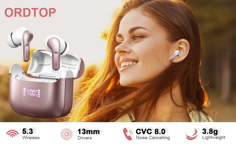 Wireless Earbuds, Bluetooth 5.3 Headphones Sports Headphones In Ear with 4 ENC Noise Cancelling Mic, 40H Playback , LED Display.