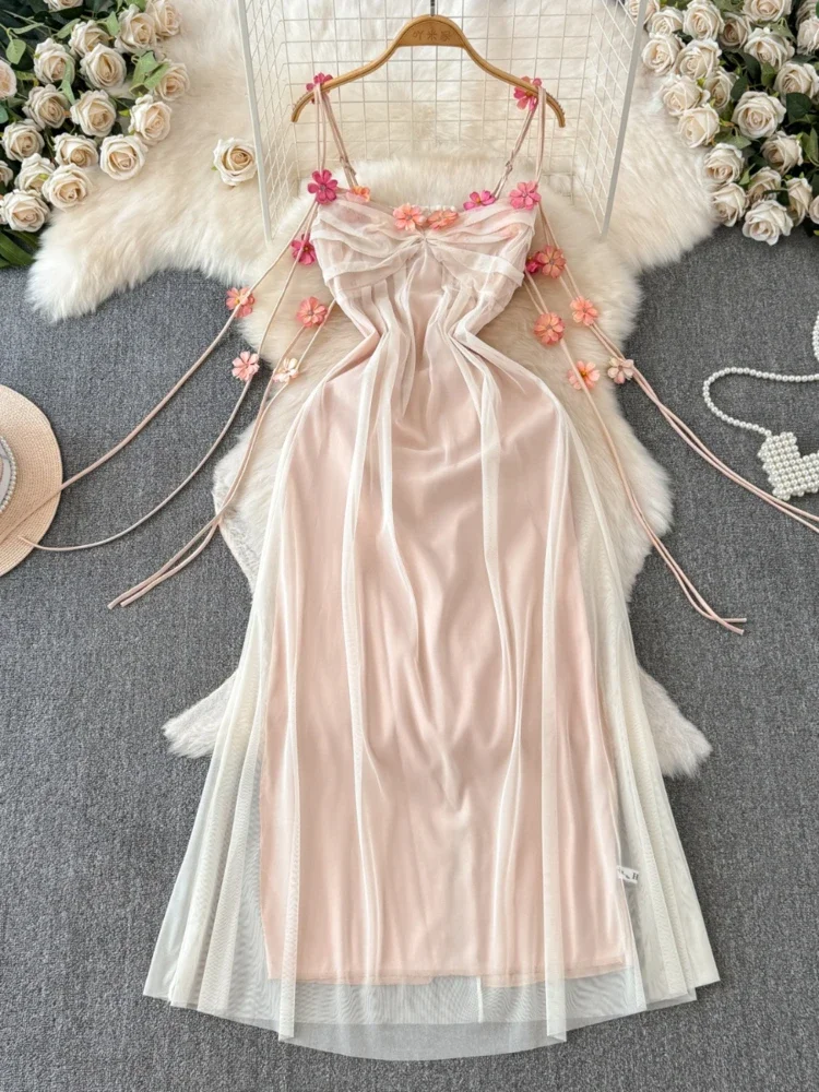 

Женское элегантное привлекательное Сетчатое платье-трапеция для отпуска, Летнее Длинное облегающее платье без рукавов на бретелях с высокой талией